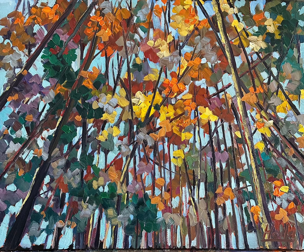 an oil painting of tree tops from a looking upward perspective. colors are muted  with splashes of orange and yellow depicting the fall season