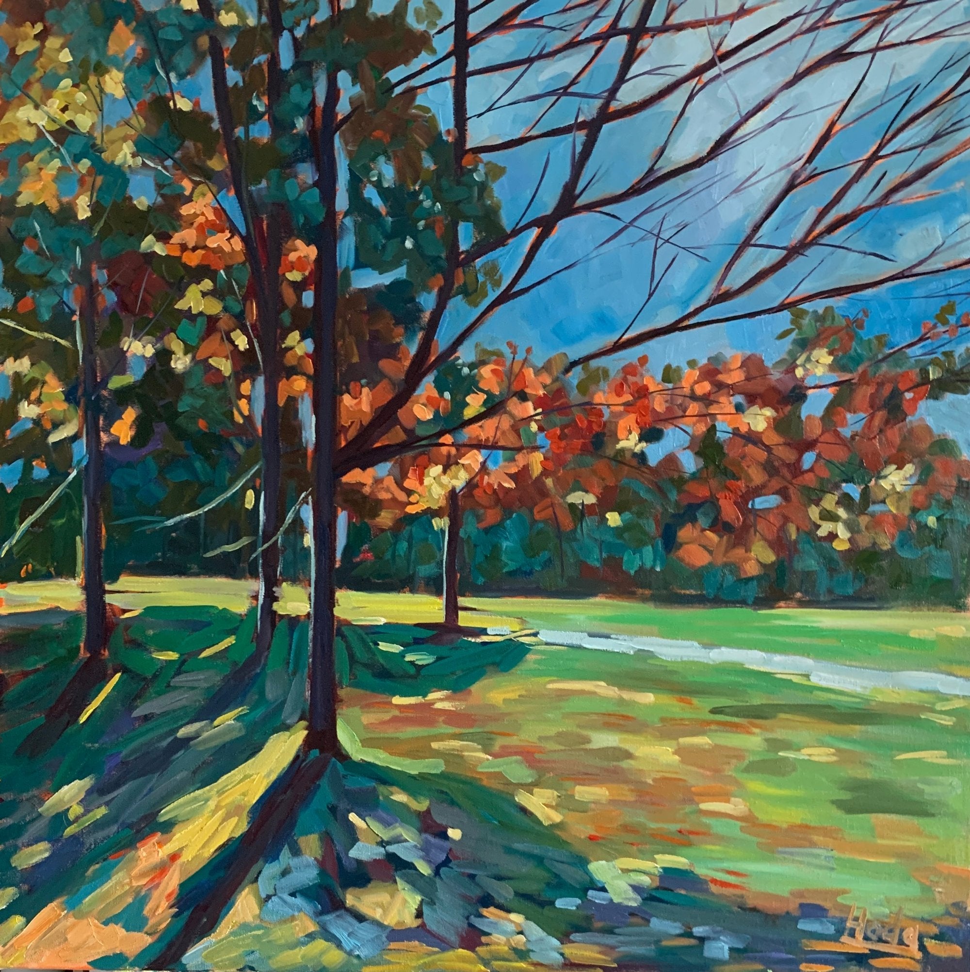 Painting of trees with autumn foliage in a park setting