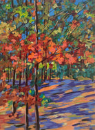 acrylic painting of the Canadian Landscape in the fall. Colorful brushstrokes in orange, purple, green and blue. A joyful painting