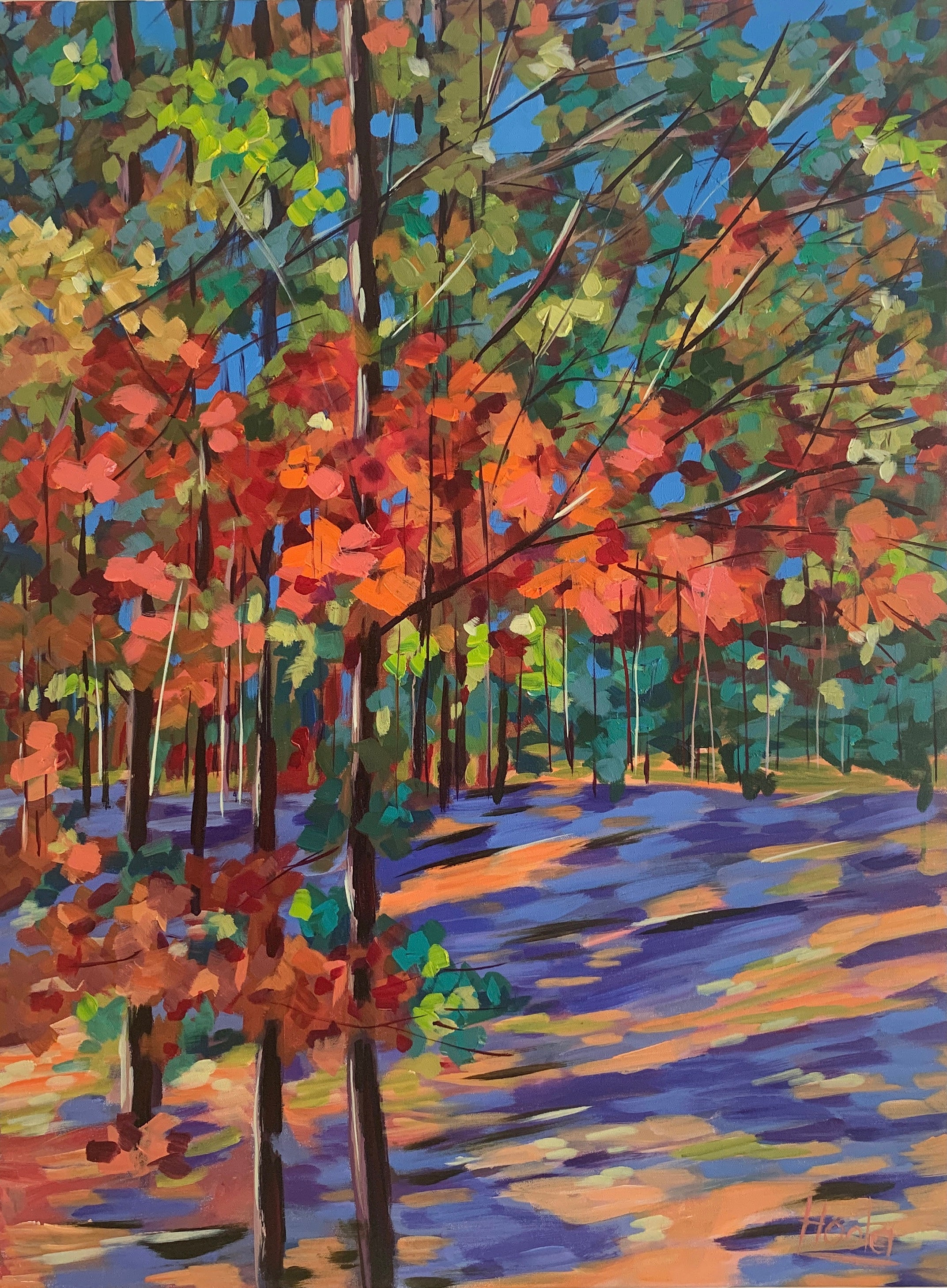 acrylic painting of the Canadian Landscape in the fall. Colorful brushstrokes in orange, purple, green and blue. A joyful painting