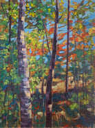 An oil painting of the Canadian landscape in the fall. A large birch tree is at the forefront of the painting, with orange, green, purple and blue colors