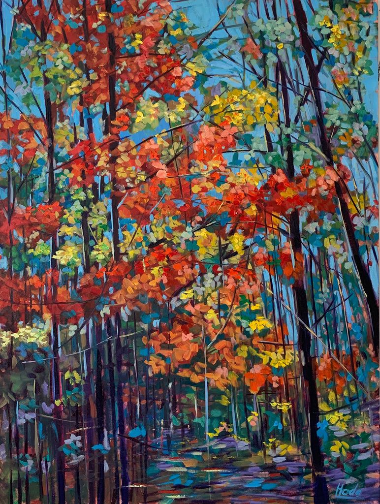 A colorful landscape oil painting of trees in the forest during the fall season.  Colors are orange, red, purple and blue