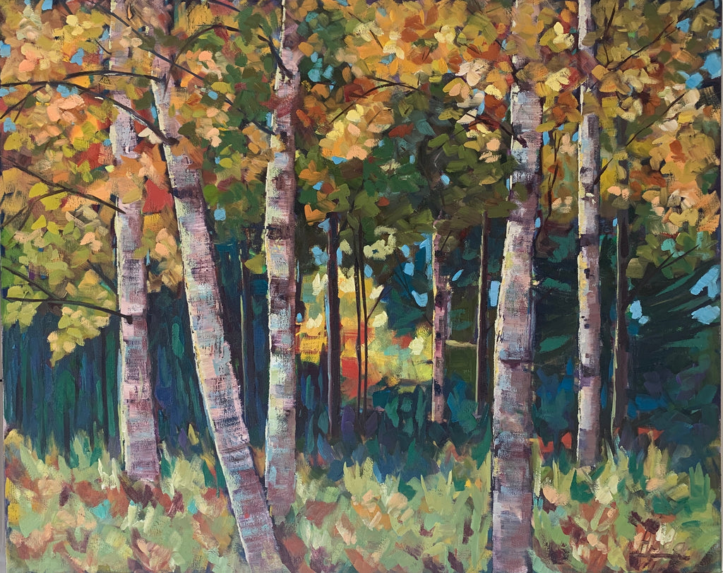 An oil painting of birch trees in the fall season. The painting is colorful with orange, yellow and green as the dominant colors