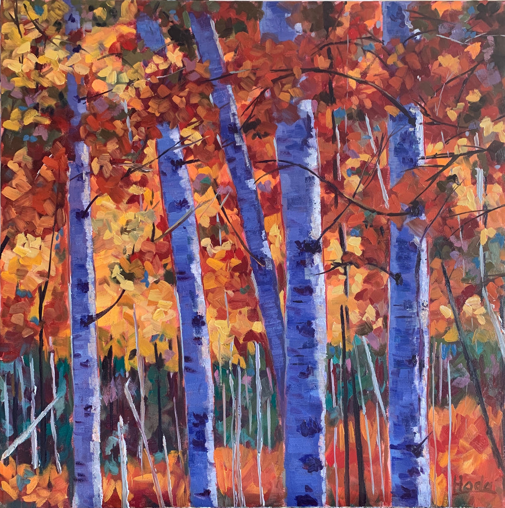 Oil painting of birch trees in the fall with dominant orange and yellow colors